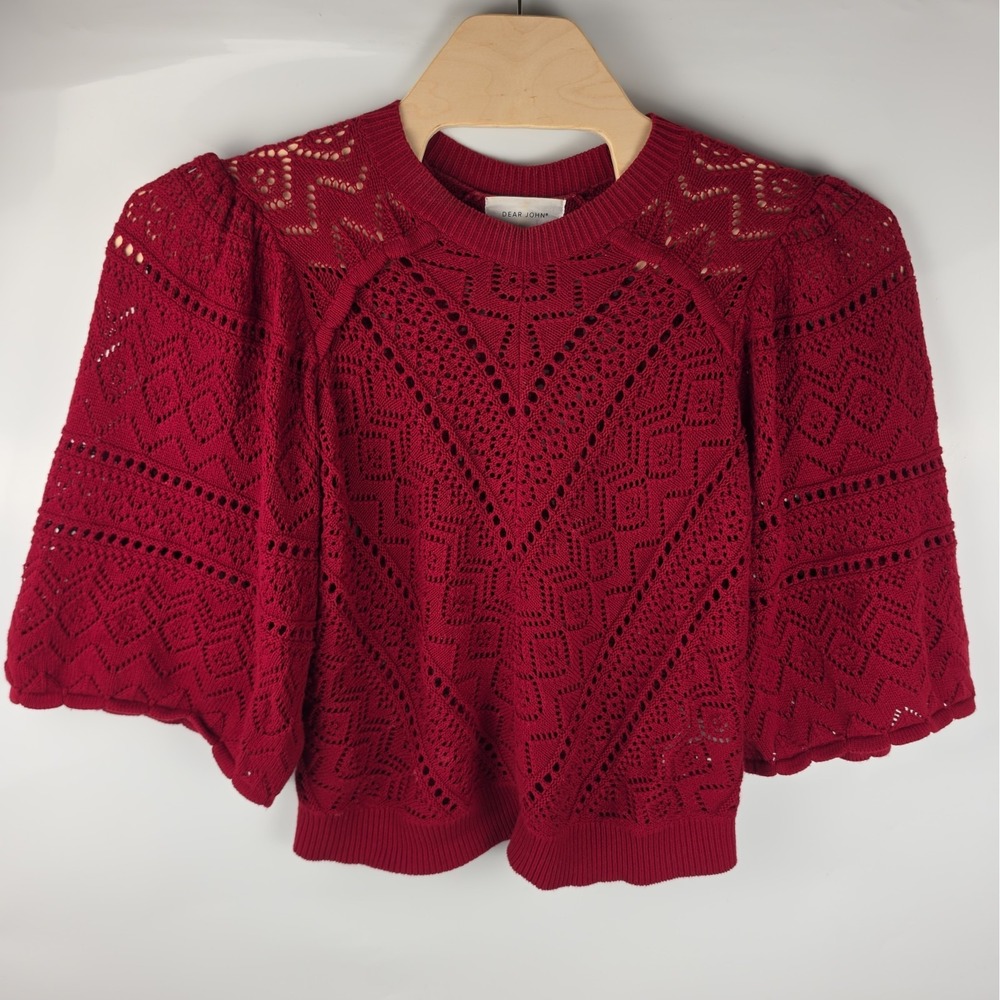 Dear John Large Bailey Wing Sleeve Crochet Pointelle Rio Red Sweater Scalloped